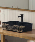 Bathroom Sink Retro Countertop Basin Household Ceramic Wash Basin Bathroom Wash Basin Personalized Hand-Carved Pattern Sink Bathroom Sink Vessel with black finish and bamboo design.