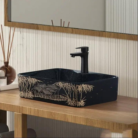 Bathroom Sink Retro Countertop Basin Household Ceramic Wash Basin Bathroom Wash Basin Personalized Hand-Carved Pattern Sink Bathroom Sink Vessel with black finish and bamboo design.