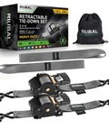 Heavy Duty Self Retracting Tie Down Straps Two Pack Two Inch By Ten Feet Four Thousand Four Hundred Pound Break Strength Auto Retractor Harness For Motorcycle Atv Utv Pickup Truck Cargo Van Grey Tough As Nails Gear with packaging and storage bag.