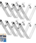Eight stainless steel pool pole clips for brush and skimmer attachments, push button butterfly clip set for quick tool changes.
