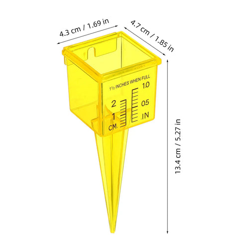 Four Pack Outdoor Rain Gauge With Wide Mouth 1.5 Inch Markings Ground Stake Yard Garden Sprinkler Irrigation Tool Easy Rainfall Readout For Lawn Care Pros High Visibility Yellow Weather Instrument, yellow plastic stake