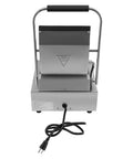 1800W Commercial Panini Grill Press With Stainless Steel Body And Cast Iron Plates, rear view showing power cord and handle.