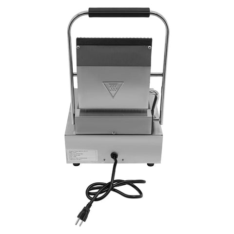 1800W Commercial Panini Grill Press With Stainless Steel Body And Cast Iron Plates, rear view showing power cord and handle.