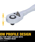 Low profile ratchet from Hella Tough 142 Piece Mechanics Tool Set With Low Profile Ratchet Designed For Tight Engine Bays.