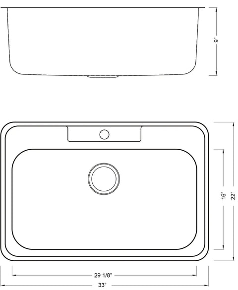 Technical drawing of a 33 By 22 By 9 Inch Top Mount Or Drop In Stainless Steel Single Bowl Kitchen Sink With Strainer And Dish Rack 18 Gauge T304 Dent Resistant Rust Proof Pro Grade Build For Busy Home Chefs