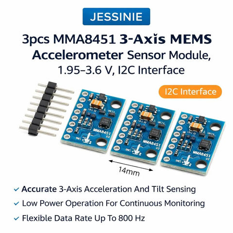 3 Pack MMA8451 3 Axis MEMS Accelerometer Sensor Module With I2C Interface 1.95 To 3.6V Range High Resolution Tilt And Orientation Sensing For Embedded Projects And Hobbyist Robotics, 14mm boards with pins