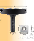 Pro Grade CNC Spoilboard Surfacing Router Bit For Wood With Half Inch Shank And Three Inch Cutting Diameter Two Plus Two Carbide Inserts Slab Flattening Planer Bit For Smooth Spoil Board Planing shown with dimensions.