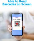 Person holding smartphone with QR code on screen, highlighting the Pocket Sized Wireless Barcode Scanner Bluetooth 1D 2D Reader For POS Ultra Fast Precise Auto Scan On The Go 3 In 1 Mini Handheld White Lightweight Under 3 Ounces Reads QR PDF417 Data Matrix And All Major 1D 2D Codes capability to read on-screen barcodes.