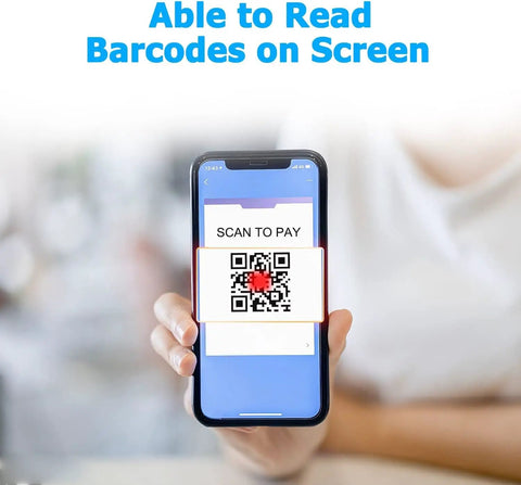 Person holding smartphone with QR code on screen, highlighting the Pocket Sized Wireless Barcode Scanner Bluetooth 1D 2D Reader For POS Ultra Fast Precise Auto Scan On The Go 3 In 1 Mini Handheld White Lightweight Under 3 Ounces Reads QR PDF417 Data Matrix And All Major 1D 2D Codes capability to read on-screen barcodes.