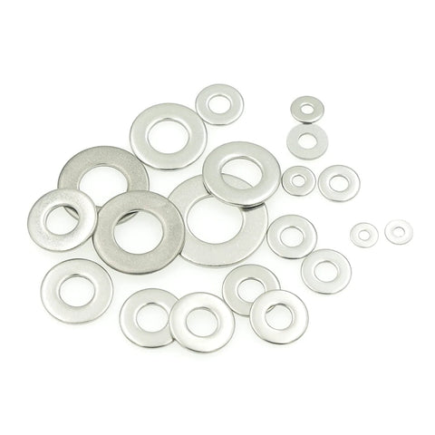 Close-up of assorted SAE stainless steel flat washers (304/18-8) in multiple sizes for screws and bolts.