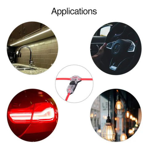 Applications of 12 Pack Low Voltage Wire Splice Connectors for automotive, LED, audio, and lighting in various settings.