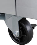 Close-up of wheel of Heavy Duty Commercial Reach In Freezer With Dual Glass Doors And Rock Solid Stainless Build for easy mobility.