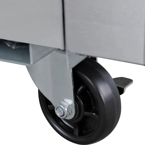 Close-up of wheel of Heavy Duty Commercial Reach In Freezer With Dual Glass Doors And Rock Solid Stainless Build for easy mobility.