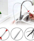 Six Pack Hair Clog Remover For Sink, 24 Inch Tube Drain Cleaning Tool with Claw Grip, shown in use over sink