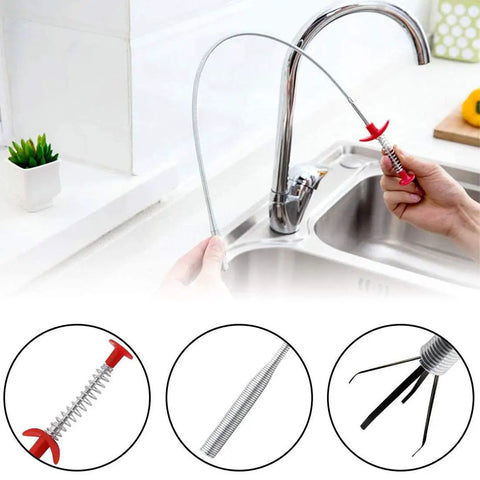 Six Pack Hair Clog Remover For Sink, 24 Inch Tube Drain Cleaning Tool with Claw Grip, shown in use over sink