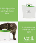 Cat drinking from Flower Fountain With Triple Action Filter For Cats, 3 L Capacity Water Dispenser With 3 Flow Settings, Green.