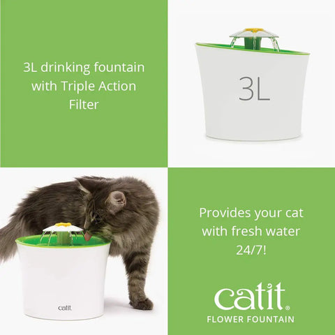 Cat drinking from Flower Fountain With Triple Action Filter For Cats, 3 L Capacity Water Dispenser With 3 Flow Settings, Green.