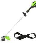 Heavy Duty Cordless String Trimmer With Brushless Motor 16 Inch Weed Whacker, includes strap for ease of use.