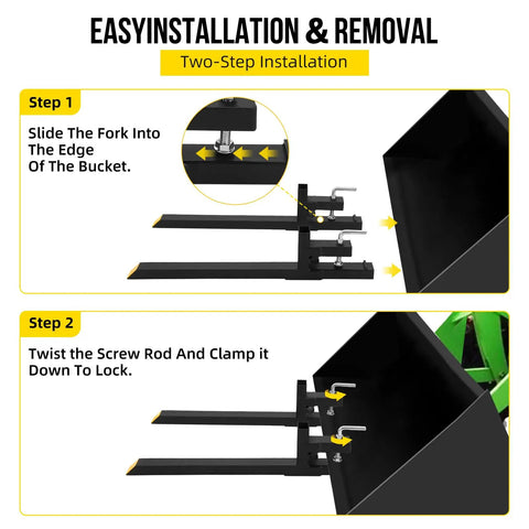 Diagram showing two-step installation for 43 Inch Clamp On Pallet Forks For Bucket Attachments Heavy Duty Built Tough For Real World Jobs 2500 Lbs Capacity Quick Attach Forks For Tractor Loader And Skid Steer No Adjustable Stabilizer Bar Durable Square Tubes For Pallets Lumber.