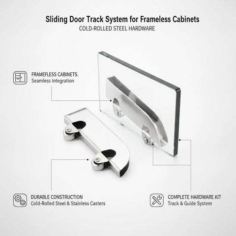 Heavy Duty Sliding Door Track System For Frameless Cabinets Built With Cold Rolled Steel Rails And Premium Stainless Steel Casters