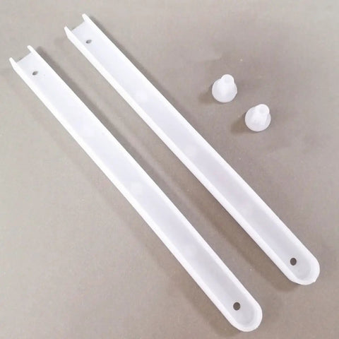 Sturdy Stainless Steel Drawer Slide Rail Set With White Plastic Glides, two white glides and caps on neutral background