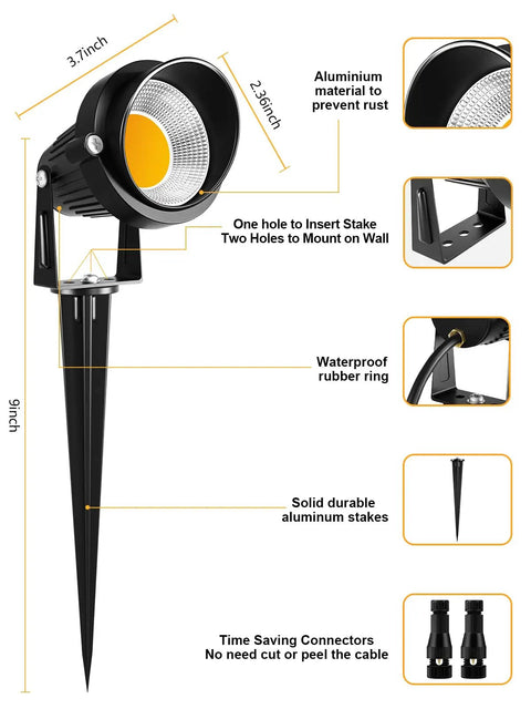 Five Watt LED Low Voltage Landscape Lights Kit With 12V And 24V Transformer for Garden Pathway showing aluminum stake and connectors