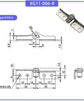 Stainless steel damping hinge XG11-006-R with adjustable torque 0.4 N.m; front and side views with mounting holes