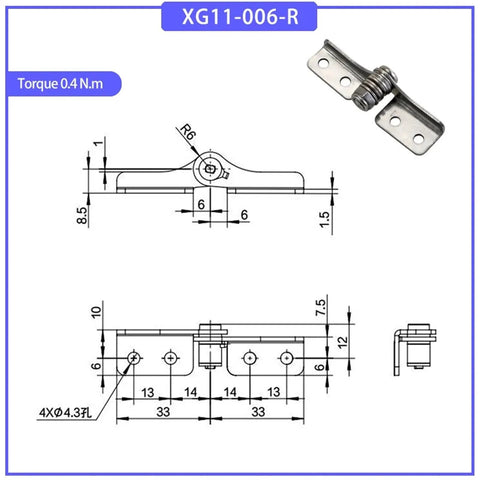 Stainless steel damping hinge XG11-006-R with adjustable torque 0.4 N.m; front and side views with mounting holes