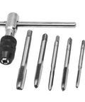 Metric Tap Set With Adjustable T Handle Tap Wrench 5 Piece M3 M4 M5 M6 M8 Taps For Metal Aluminum Plastic Wood DIY Machinist Kit Easy One Hand Operation And Handy Tapping Tool, showing wrench and taps