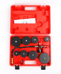 Turbo system leakage tester kit in a red case; 10-piece set with black rubber discs, hoses and brass fittings