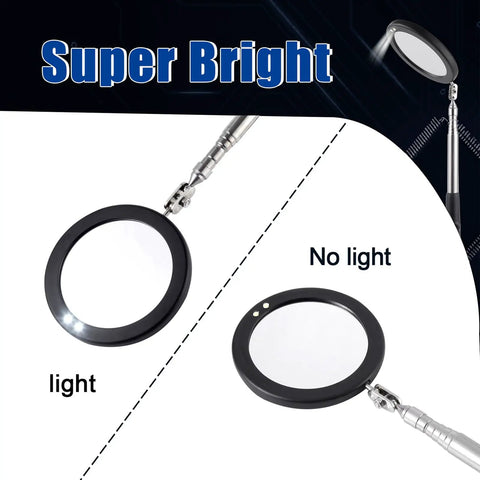 Telescoping Inspection Mirror With LED Light And 3.75 Inch Round Mirror, Extendable Handle From 14.5 To 39.4 Inches, Flexible 360 Degree Swivel For Mechanic Viewing And Hard To See Areas showing light and no light comparison.