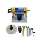 Slick 320W Desktop Bench Lathe And Polishing Machine With 10000 RPM Badass Motor Rock Solid For Diy Woodworking Jade Jewelry Cutting And Grinding Setup with accessories.