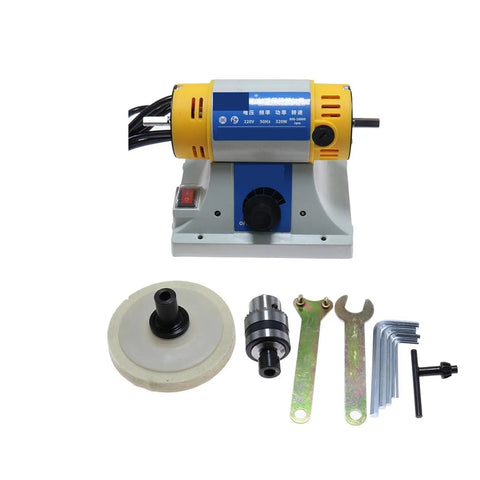 Slick 320W Desktop Bench Lathe And Polishing Machine With 10000 RPM Badass Motor Rock Solid For Diy Woodworking Jade Jewelry Cutting And Grinding Setup with accessories.
