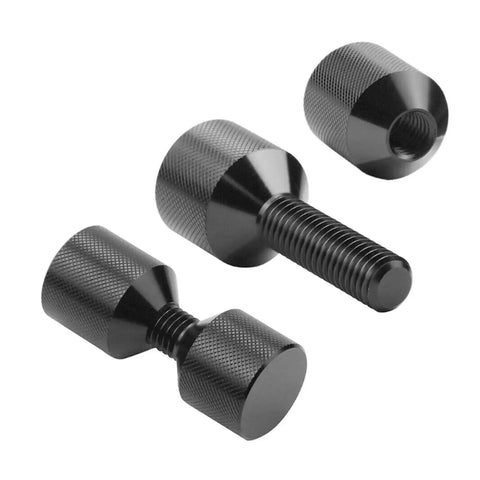 Heavy Duty Aluminum Flange Locating Pin Set Two Hole 1-18 Inch Precision Alignment Knurled Black Pins showing three sizes and textures.