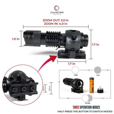 350 Lumen Tactical Helmet Light With 3 Modes ARC Rail Mount showing dimensions and operation modes