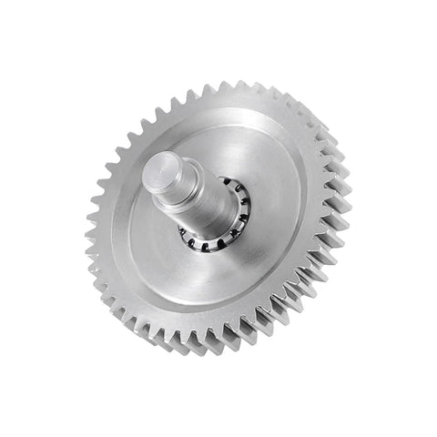 Close-up of stainless steel gear from the Stainless Steel Transmission Gear Set 40.3 To 1 Low Range For TRX4M 1 By 18 RC Crawler Upgrade.