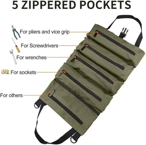 Multi Purpose Roll Up Tool Bag And Wrench Roll With Canvas Tool Organizer showing 5 zippered pockets labeled for tools.