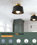 Modern Semi Flush Mount Ceiling Light Fixture With Gold Plate Accents And Matte Black Shade in a well-lit hallway