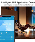 Motorized Pop Up Power Strip With Bluetooth Speaker And Wireless Charging Pad showing app control on smartphone beside user in modern chair.