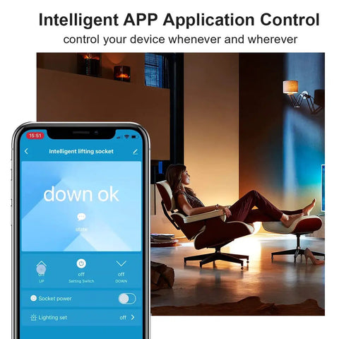 Motorized Pop Up Power Strip With Bluetooth Speaker And Wireless Charging Pad showing app control on smartphone beside user in modern chair.
