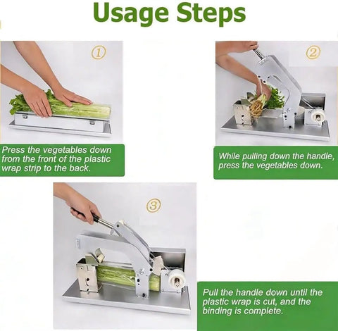 Usage steps of Heavy Duty Semi Automatic Vegetable Strapping Machine For PE PVC Film for packing vegetables.