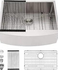 27 Inch Farmhouse Kitchen Sink Apron Front Single Bowl 16 Gauge Stainless Steel Deep Durable Handmade Farmer Sink For Modern Kitchens Includes Stainless Steel Sink Grids Drain Assembly Roller Rack top view