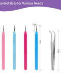 All In One 9 Piece Slotted Quilling Tool Set For Beginners To Pros showing 4 pens and tweezers with size measurements.