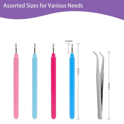 All In One 9 Piece Slotted Quilling Tool Set For Beginners To Pros showing 4 pens and tweezers with size measurements.