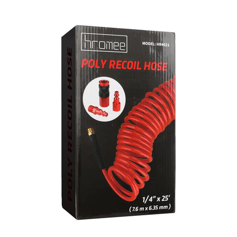 Box of One Quarter Inch Polyurethane Recoil Air Hose Twenty Five Foot Long With Bend Restrictors Must Have Self Coiling Design
