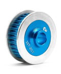 Close-up of blue aluminum 32T pulley from the Belt Drive Transmission Kit For 1 By 10 On Road RC Cars, showing detailed teeth and material.
