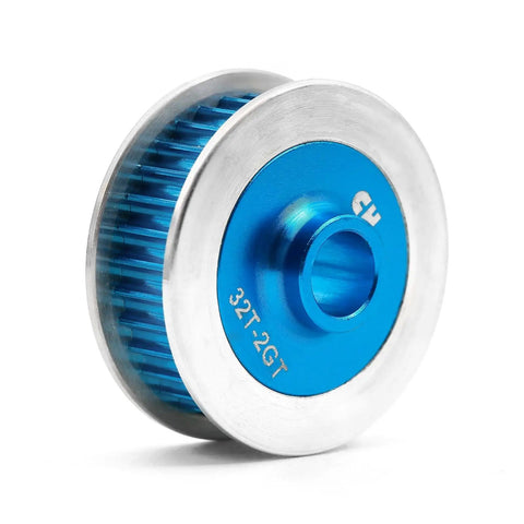 Close-up of blue aluminum 32T pulley from the Belt Drive Transmission Kit For 1 By 10 On Road RC Cars, showing detailed teeth and material.