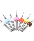 7 Pcs Mini PCB Drill Bit Set 0.2mm To 0.5mm High Speed Steel Spiral Flute Micro Drill Bits arranged in a row with colored rings