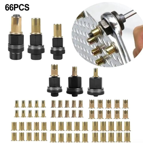 Pro Tips For Panel Pros: This 6 Size Rivet Nut Pliers And 60 Press In Nuts Kit Is The Ultimate Tool Mandrel Set For Metal Assembly, Brackets, And DIY Projects That Get Stuff Done Fast Without Breaking Bank Or Burning Out. 66-piece brass rivet nuts and six mandrels for metal panels