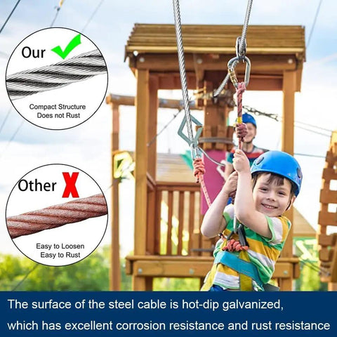 One Quarter Inch Wire Rope Kit With Seventy Five Feet Heavy Duty Galvanized Cable used in children's zipline platform setup